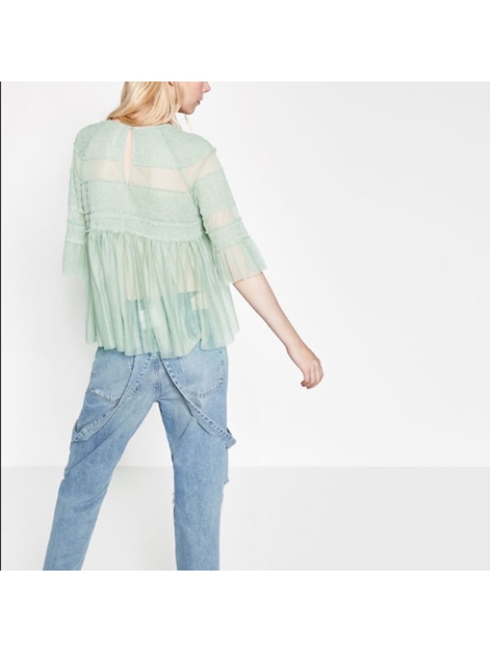 Zara Women’s Sheer Tulle Mint Sea foam Green Ruffled Peplum Babydoll Top - Picture 6 of 15